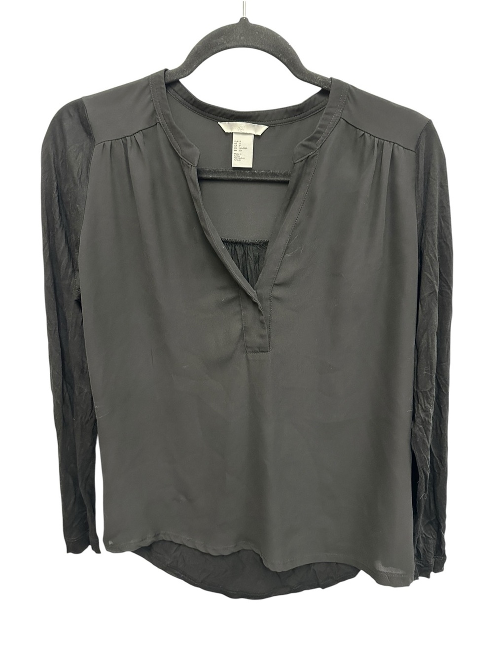 H & M black mixed fabric split V-neck long sleeved blouse Size S